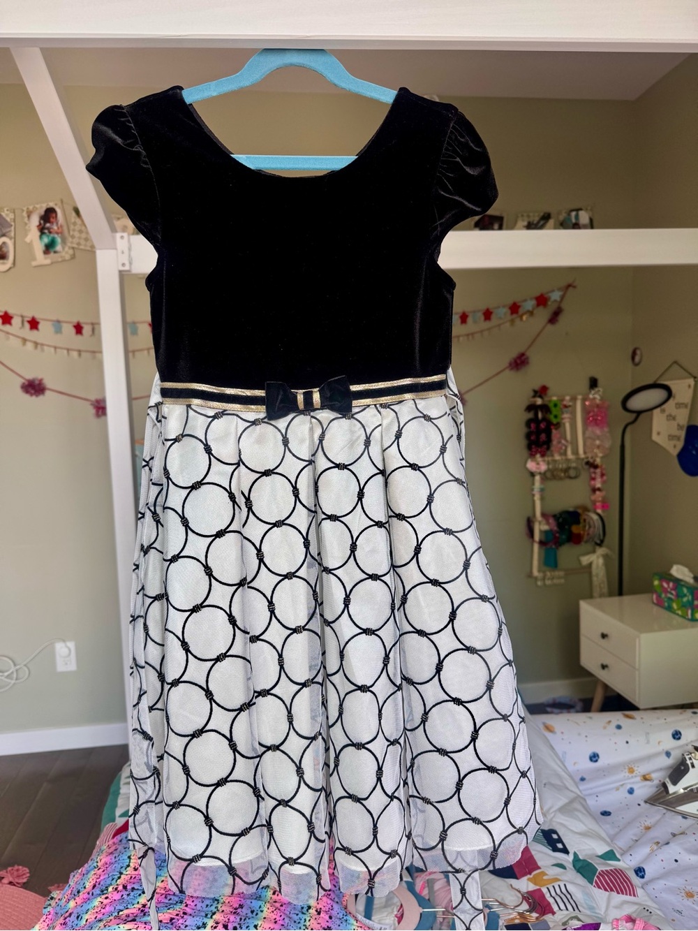 Jona Michelle Black Velvet Bodice with White Circle-Print Skirt Girls Dress
